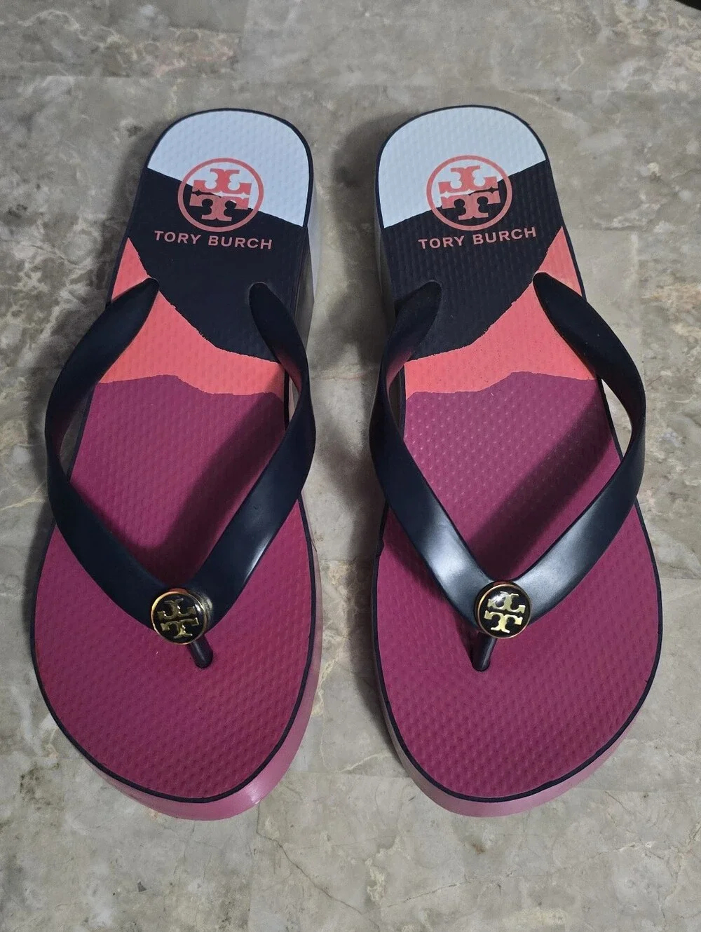 Tory Burch Thandie Wedge Pink, Black, Coral & White Flip Flop Sandals